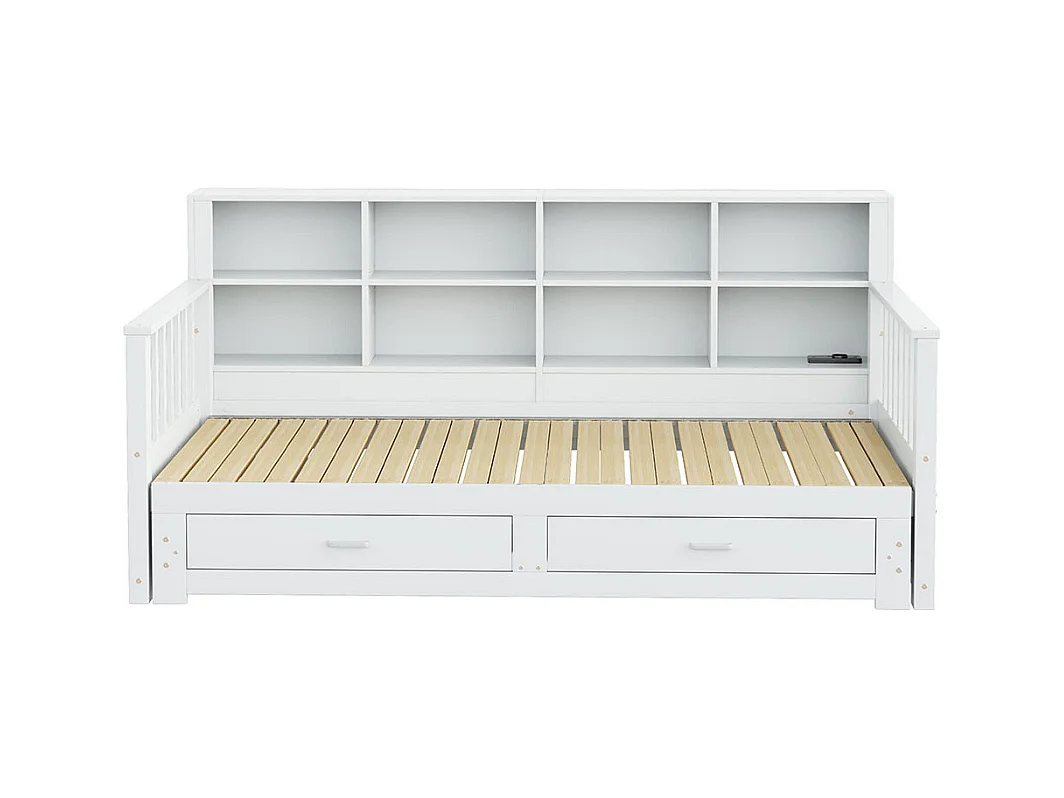 Massief houten slaapbank 90/180x190 cm, opbergkast, met 2 laden, multifunctioneel grenen bed , Wit