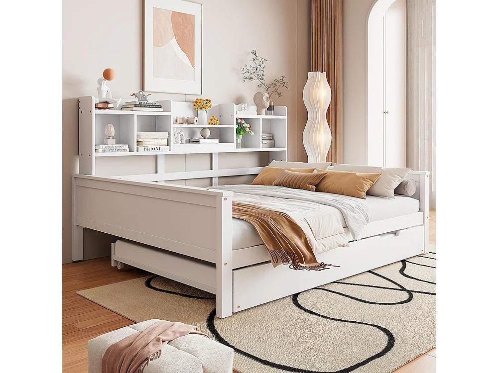 Canapé-lit 140x200CM Bois massif, Lit gigogne 90x190CM,Lit en pin, Blanc