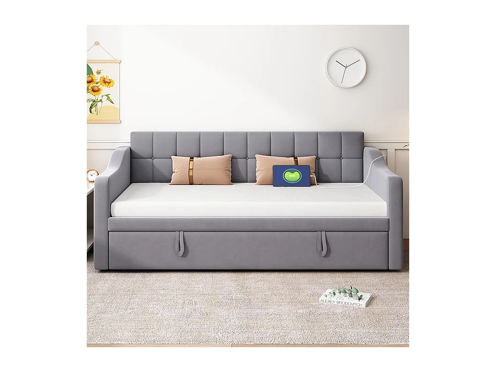 LIT GIGOGNE Day Lit rembourré avec prise électrique et sac de rangement,Gris