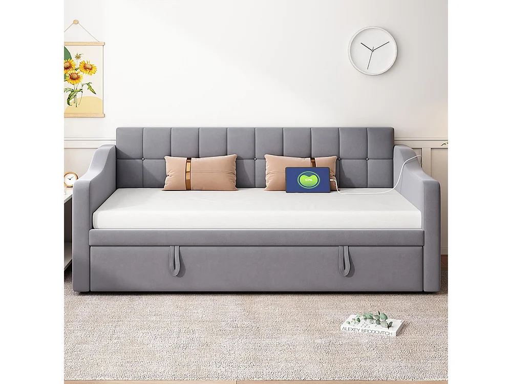 Dagbed Slaapbank Gestoffeerd bed met stopcontact en opbergzak, grijs