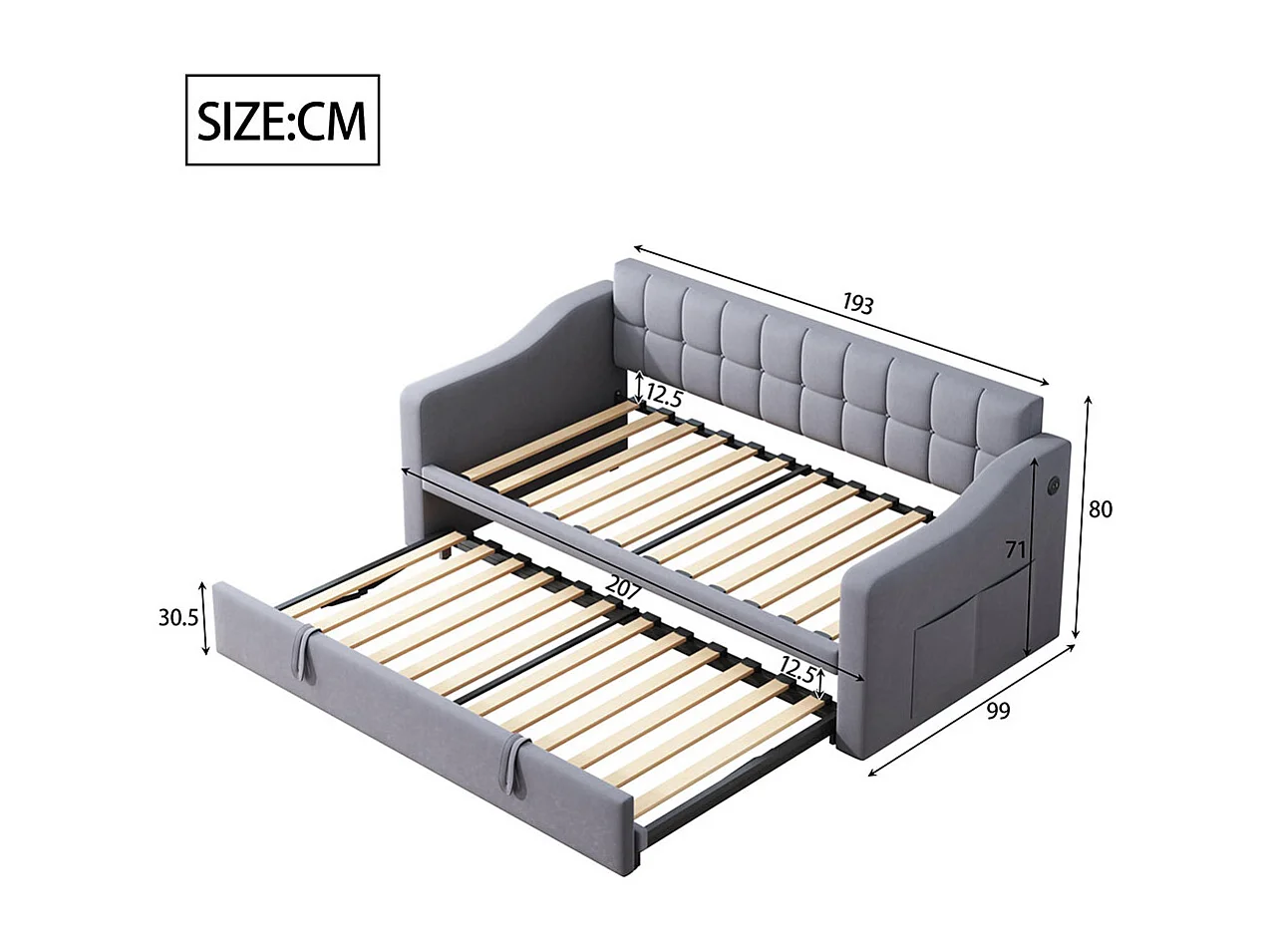 Dagbed Slaapbank Gestoffeerd bed met stopcontact en opbergzak, grijs