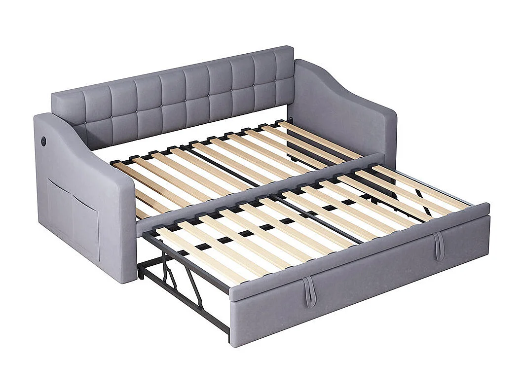 Dagbed Slaapbank Gestoffeerd bed met stopcontact en opbergzak, grijs