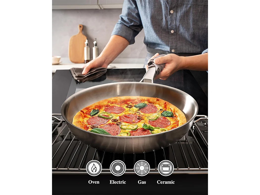 Poêle en acier inoxydable, 28 CM Poêle en acier inoxydable sans revêtement