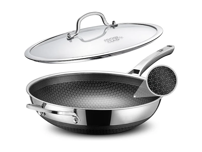Poêle à wok, 30CM Poêle antiadhésive en nid d'abeille avec couvercle