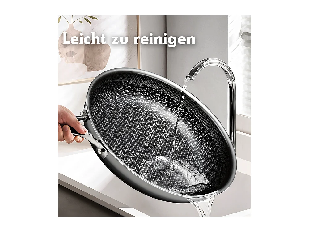 Poêle à wok, 30CM Poêle antiadhésive en nid d'abeille avec couvercle