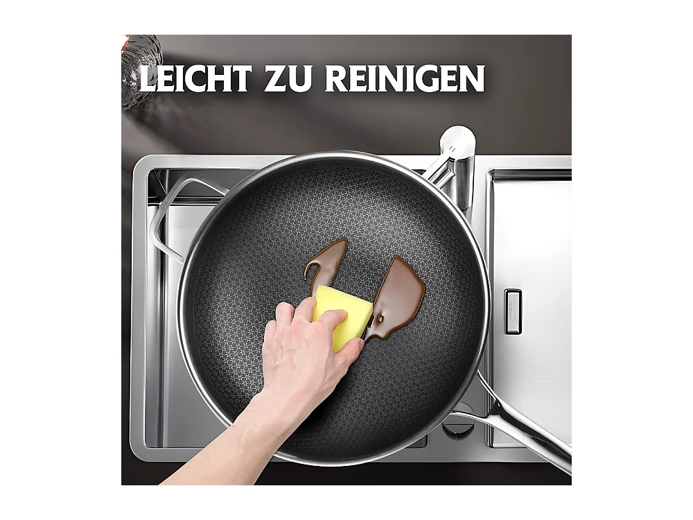 Poêle à wok, 30CM Poêle antiadhésive en nid d'abeille avec couvercle