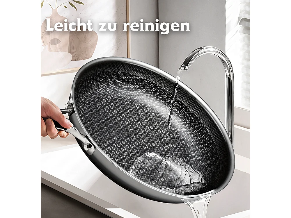 Poêle à wok, 30CM Poêle antiadhésive en nid d'abeille avec couvercle