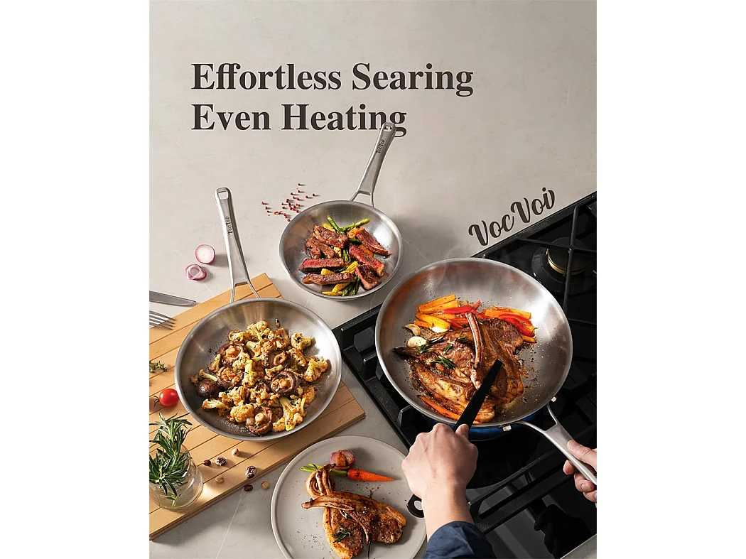 Poêle en acier inoxydable, 28 CM avec couvercle, Poêle en acier inoxydable sans revêtement