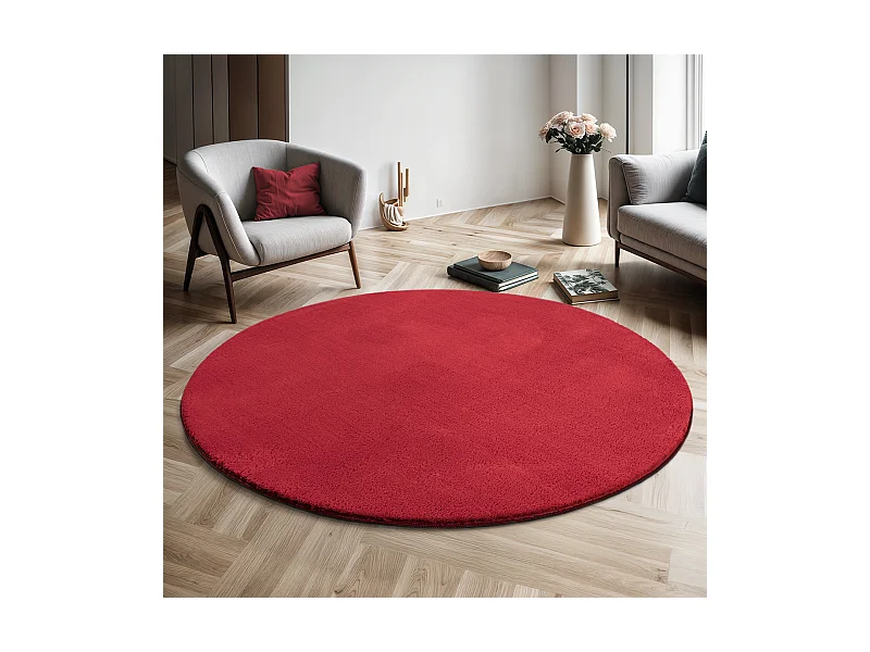 Teppich Kurzflor Waschbar Anti-Rutsch - Rot - 120 cm Rund - RELAX