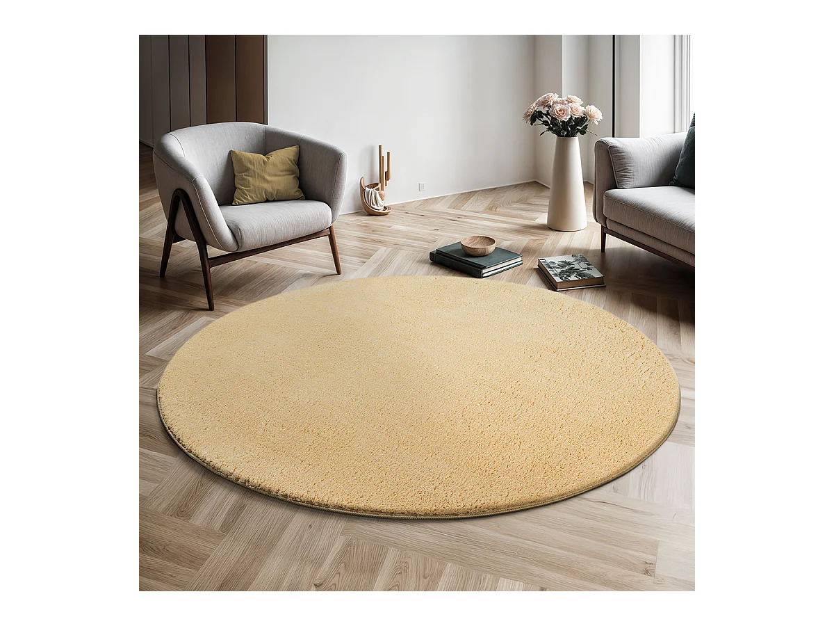 Teppich Kurzflor Waschbar Anti-Rutsch - Gold - 200 cm Rund - RELAX