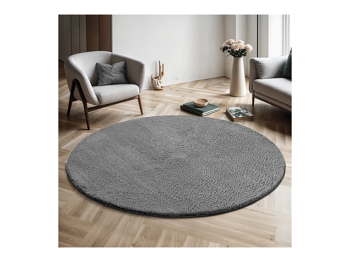 Teppich Kurzflor Waschbar Anti-Rutsch - Anthrazit - 120 cm Rund - RELAX
