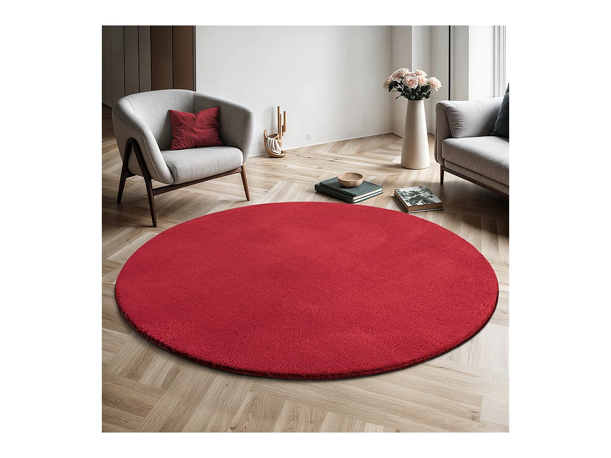 Teppich Kurzflor Waschbar Anti-Rutsch - Rot - 200 cm Rund - RELAX