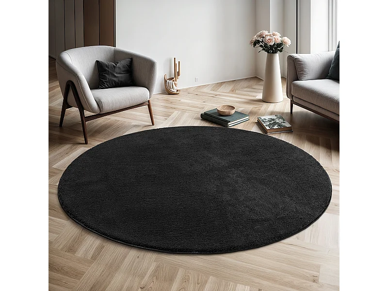 Teppich Kurzflor Waschbar Anti-Rutsch - Schwarz - 160 cm Rund - RELAX