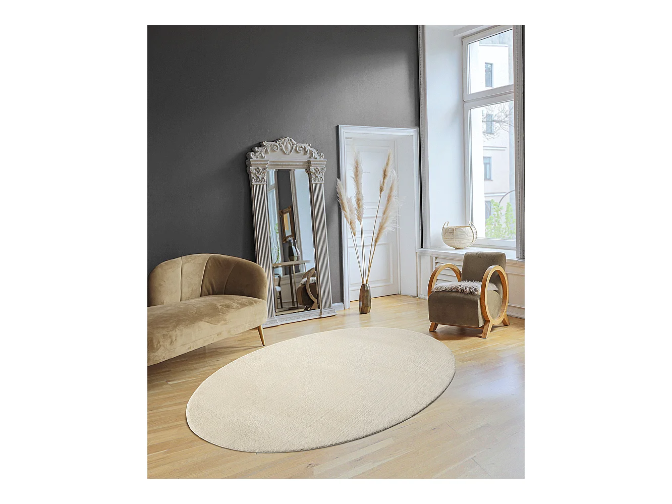 Tapis uni antidérapant lavable Crème - 140 x 200 oval cm - RELAX