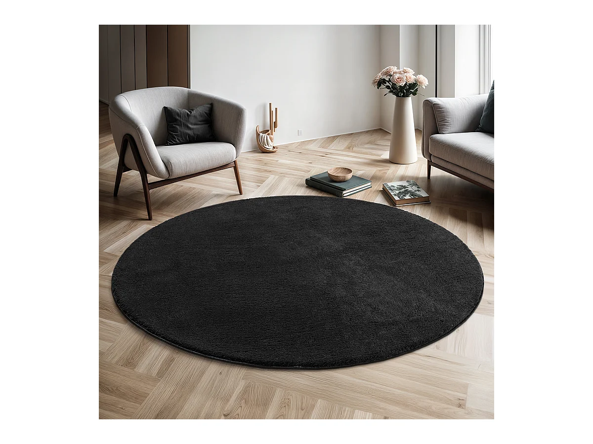 Teppich Kurzflor Waschbar Anti-Rutsch - Schwarz - 200 cm Rund - RELAX