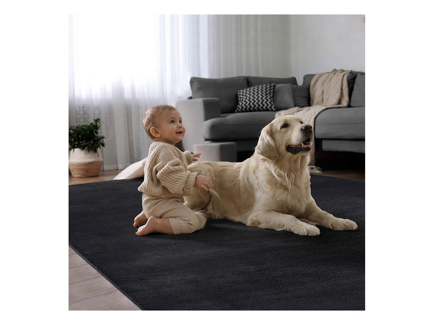 Teppich Kunstfell weich waschbar - Anthrazit - 200 cm Rund - COSY
