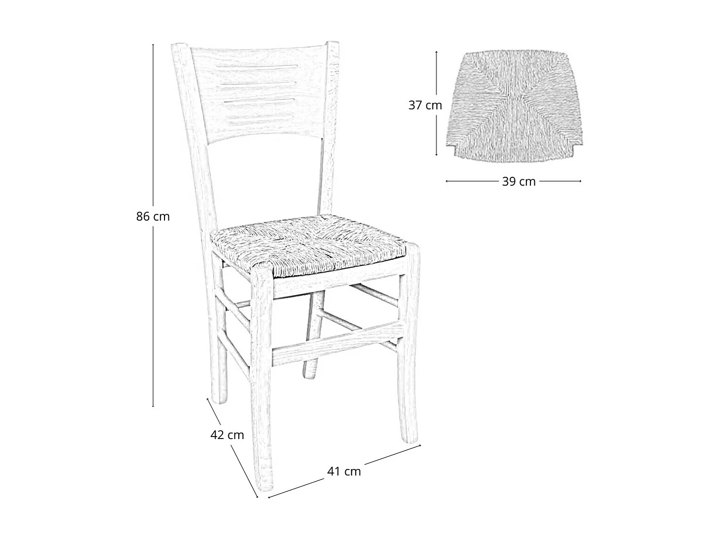 Chaise Amelia en bois brut à peindre avec dossier large et assise en paille