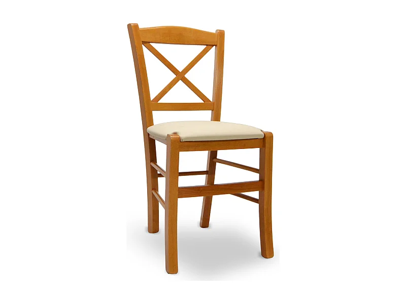 Chaise Venezia en bois de cerisier avec dossier croisé et assise en similicuir beige