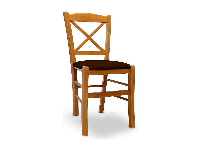 Chaise Venezia en bois de cerisier avec dossier croisé et assise en similicuir marron