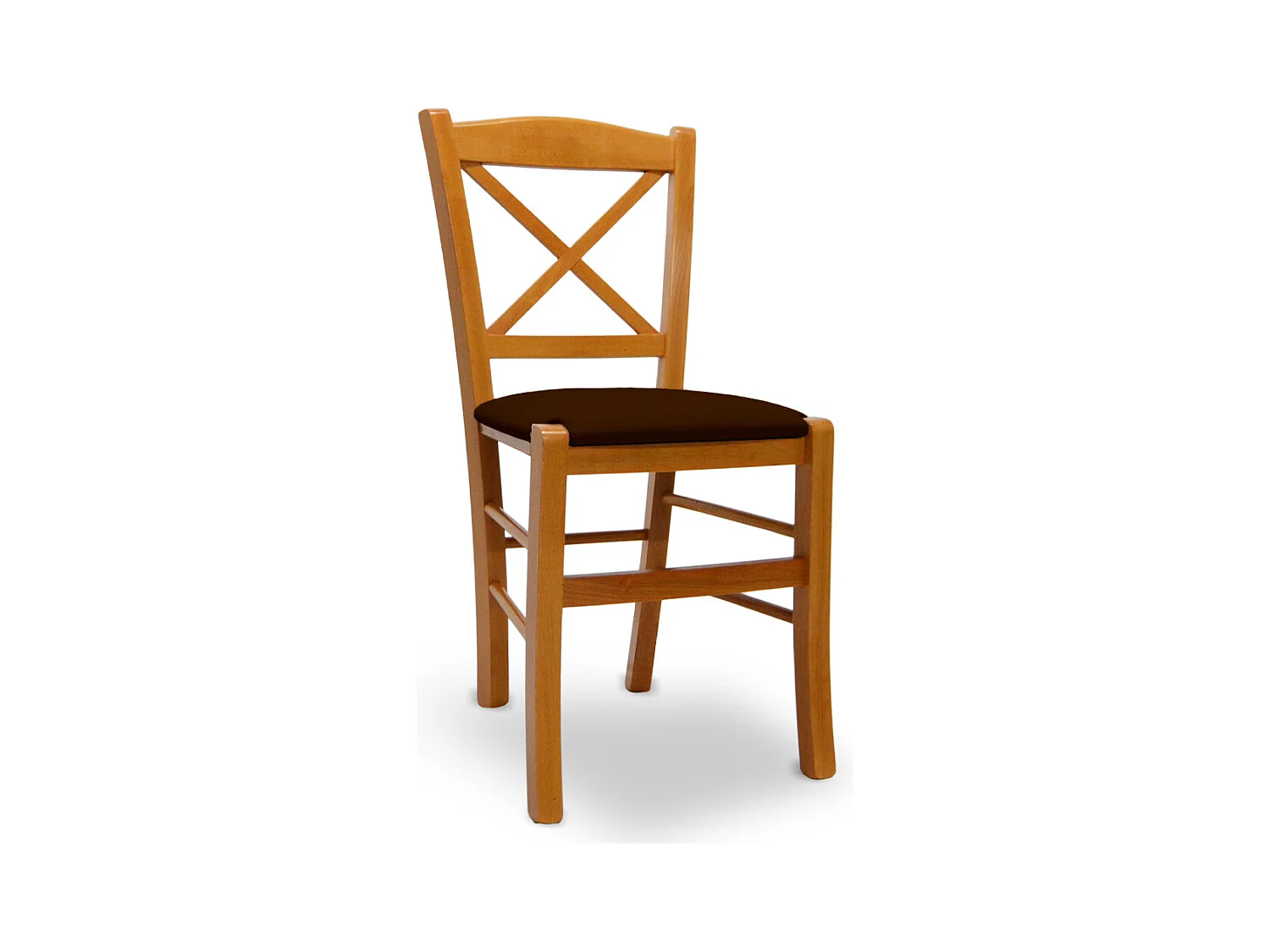 Chaise Venezia en bois de cerisier avec dossier croisé et assise en similicuir marron