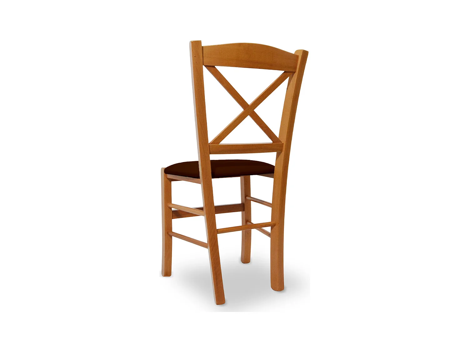 Silla Venezia en madera de cerezo con respaldo cruzado y asiento de piel sintética marrón.
