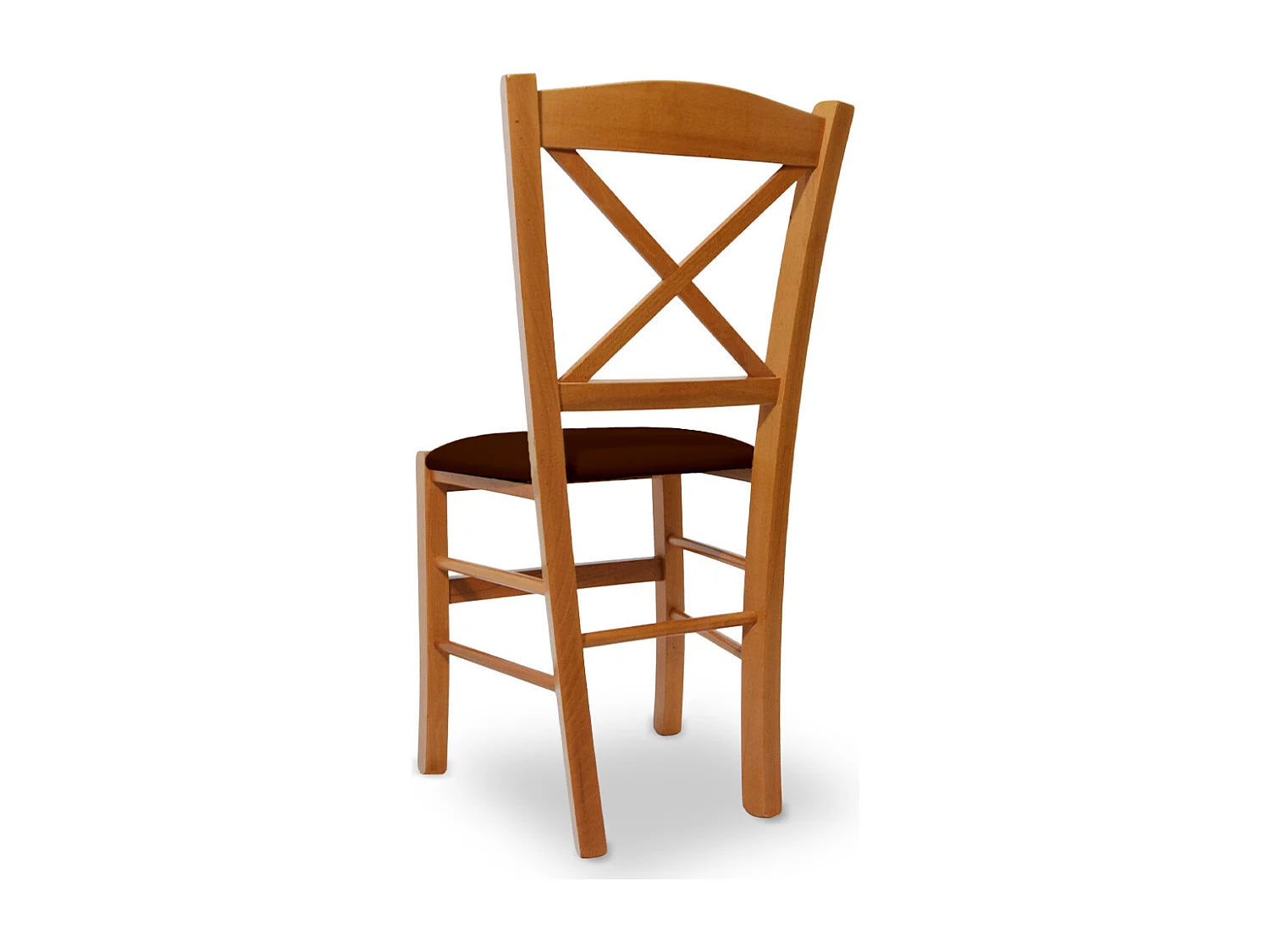 Chaise Venezia en bois de cerisier avec dossier croisé et assise en similicuir marron