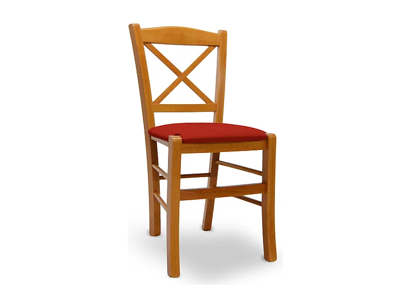 Chaise Venezia en bois de cerisier avec dossier croisé et assise en similicuir rouge