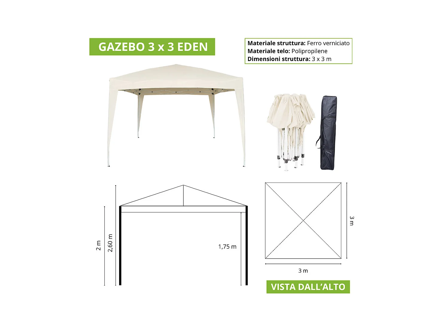 Gazebo Eden richiudibile 3 m x 3 m in ferro verniciato bianco con telo beige