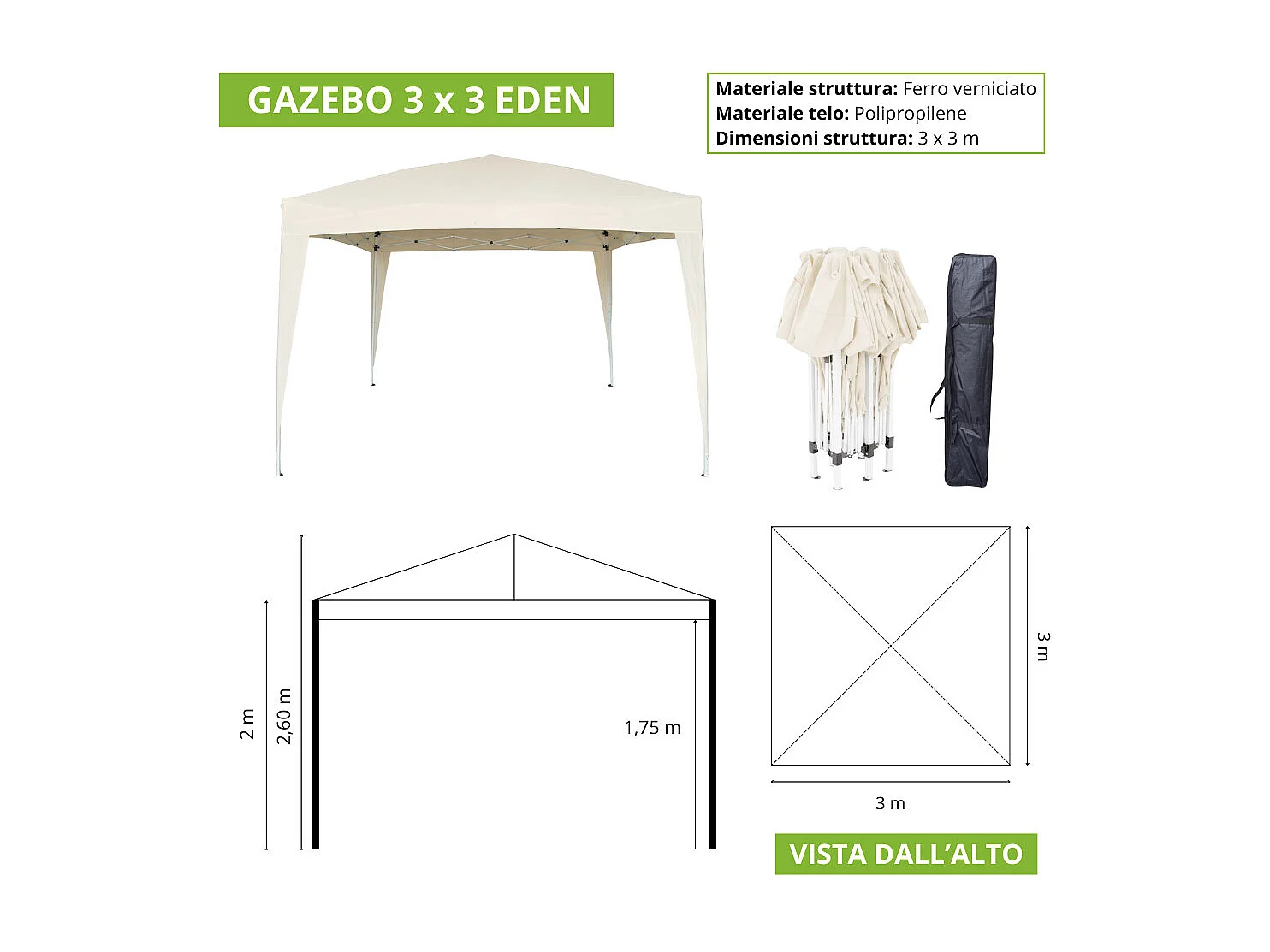 Gazebo plegable Edén de 3 m x 3 m en hierro pintado de blanco con lona beige