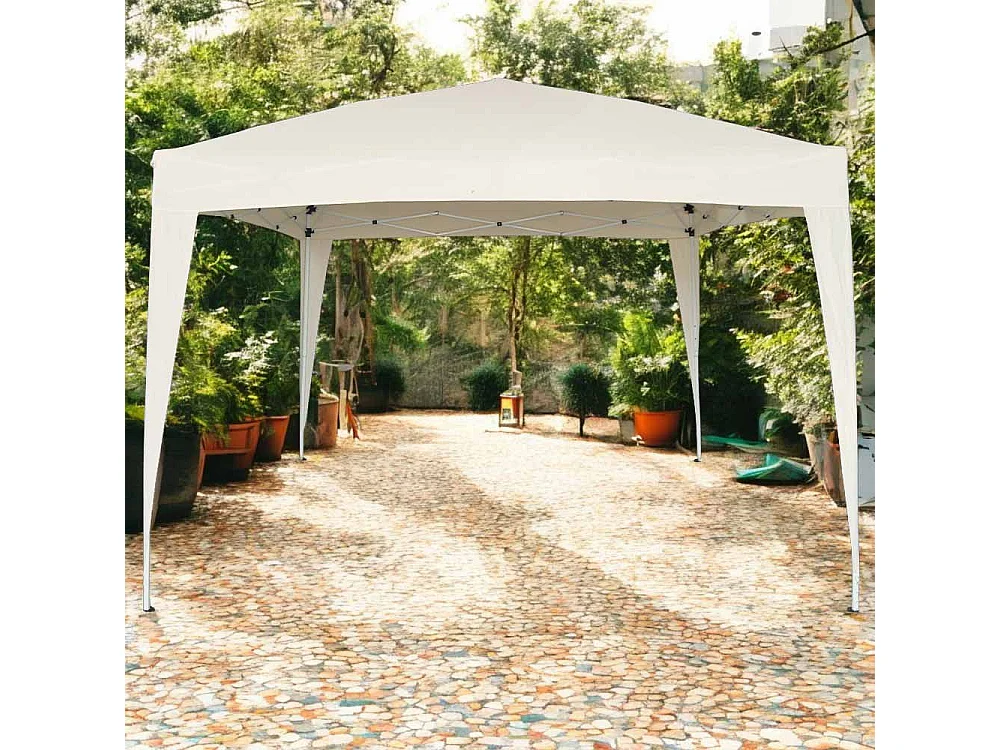 Gazebo plegable Edén de 3 m x 3 m en hierro pintado de blanco con lona beige