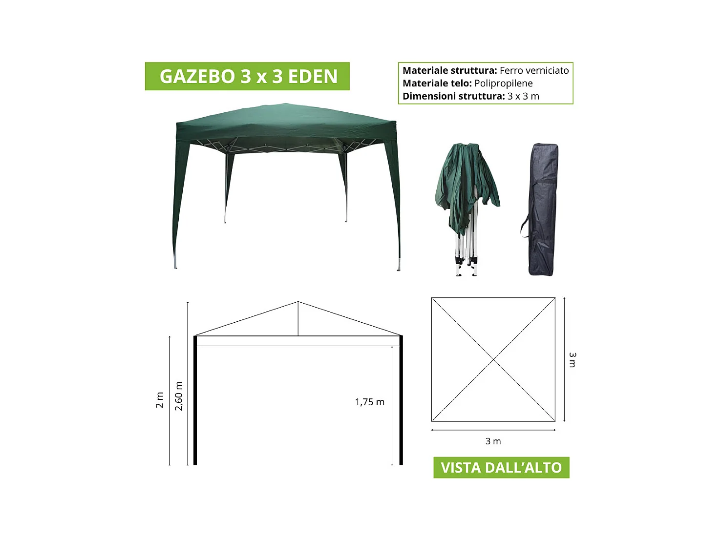 Gazebo Eden richiudibile 3 m x 3 m in ferro verniciato bianco con telo verde