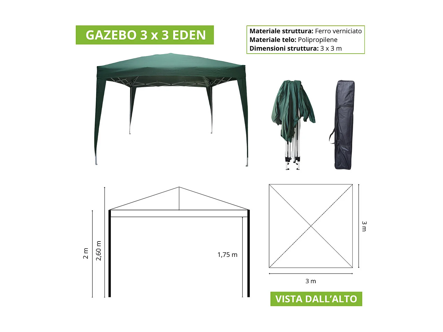 Eden 3m x 3m opvouwbare gazebo in wit geverfd ijzer met groen canvas