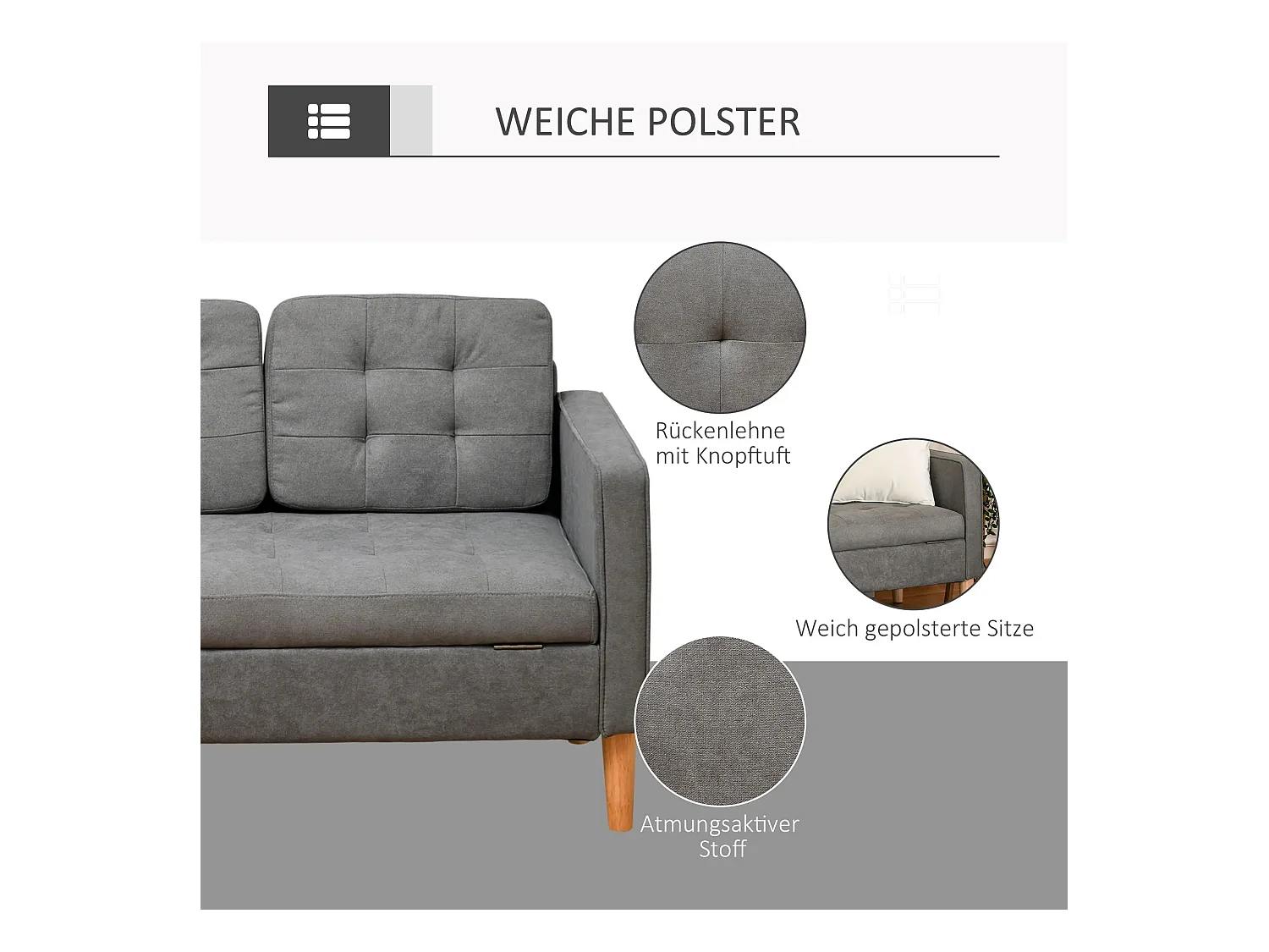 Divano a 3 posti in tessuto grigio con cuscini sfoderabili e contenitore - 166,5 cm - Legno di caucciù - Stile moderno