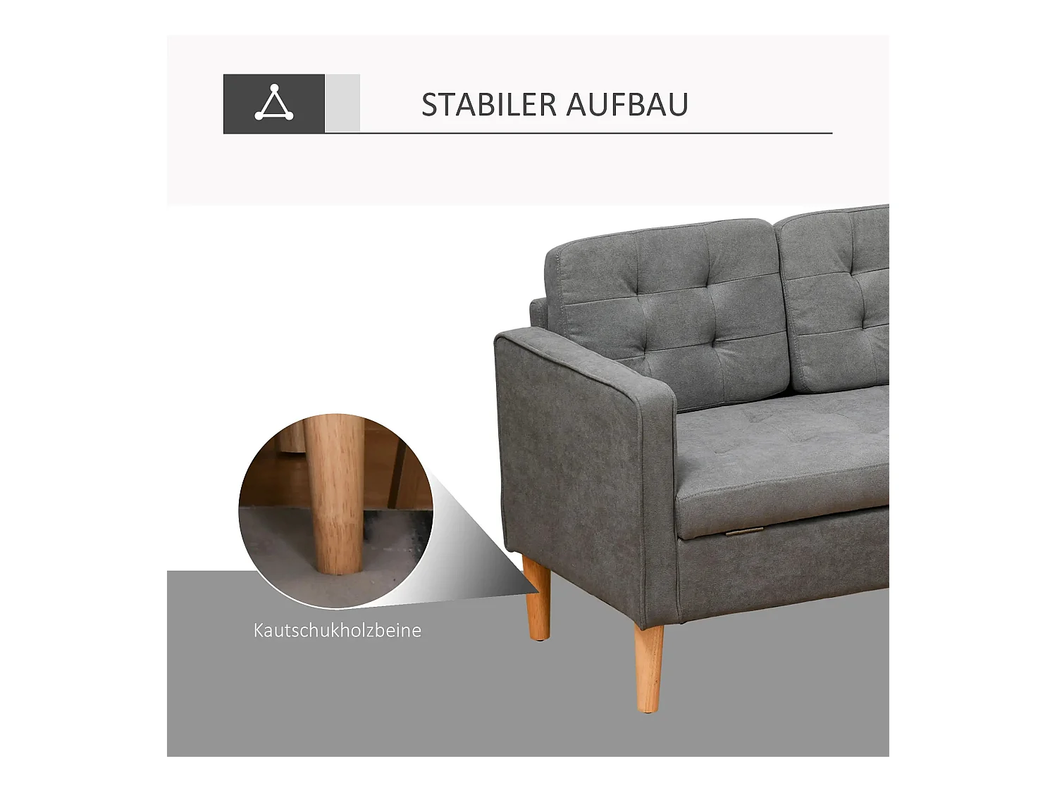 Divano a 3 posti in tessuto grigio con cuscini sfoderabili e contenitore - 166,5 cm - Legno di caucciù - Stile moderno