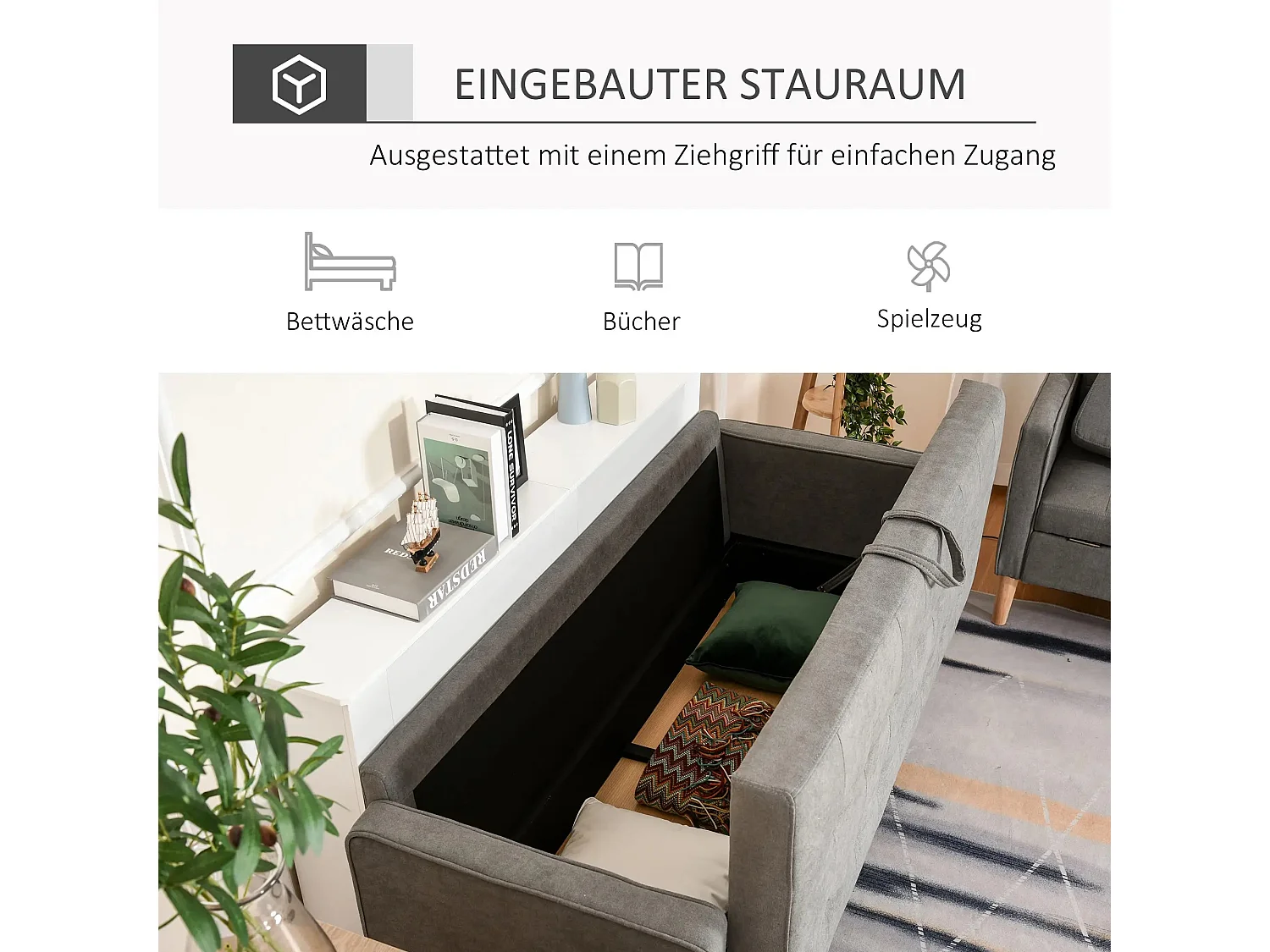 Divano a 3 posti in tessuto grigio con cuscini sfoderabili e contenitore - 166,5 cm - Legno di caucciù - Stile moderno