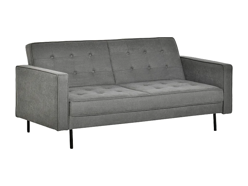 Divano letto 3 posti grigio in tessuto e legno, schienale reclinabile in 3 posizioni, stile vintage, trasformabile in letto, gambe in metallo massiccio