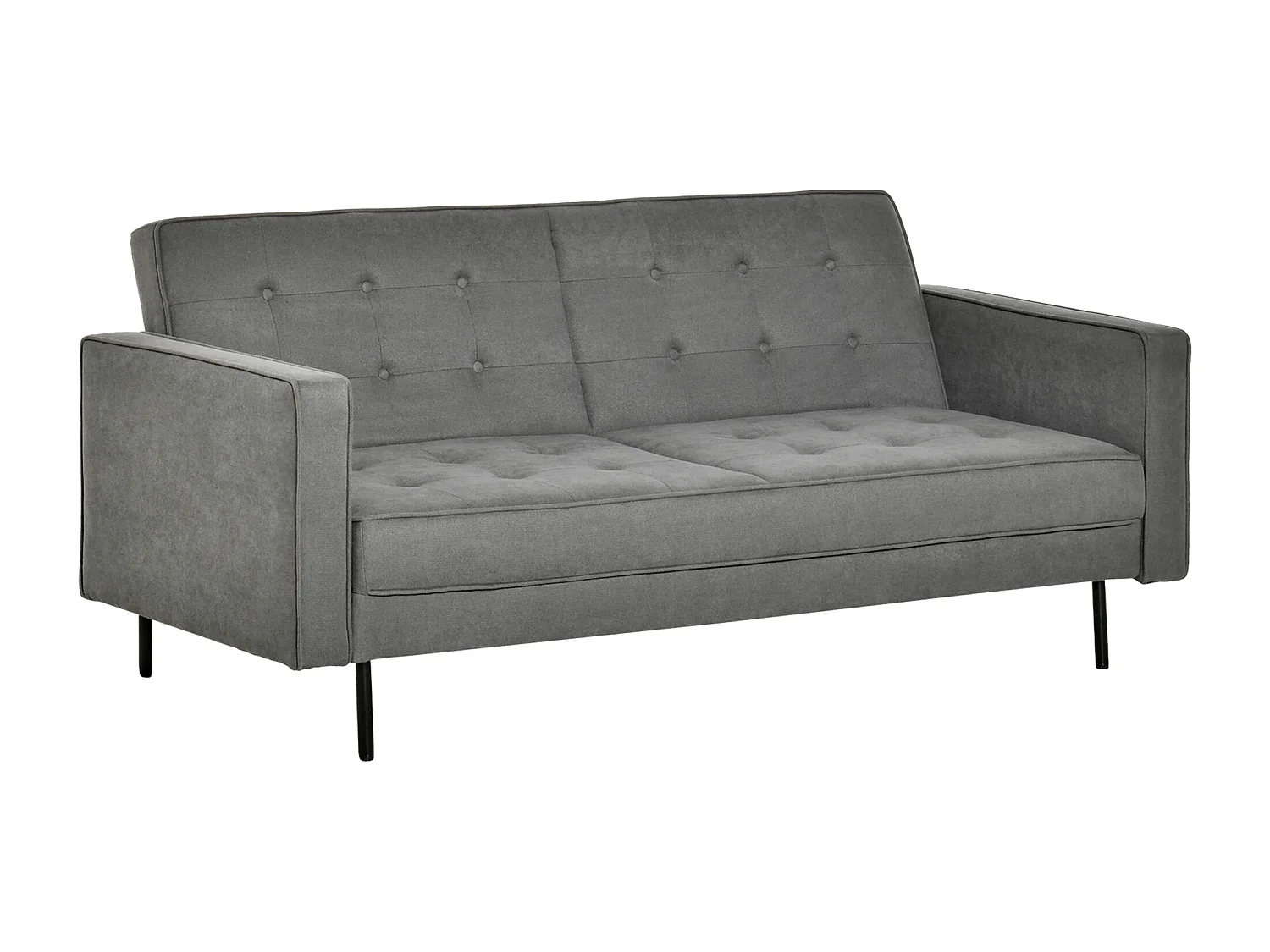 Divano letto 3 posti grigio in tessuto e legno, schienale reclinabile in 3 posizioni, stile vintage, trasformabile in letto, gambe in metallo massiccio