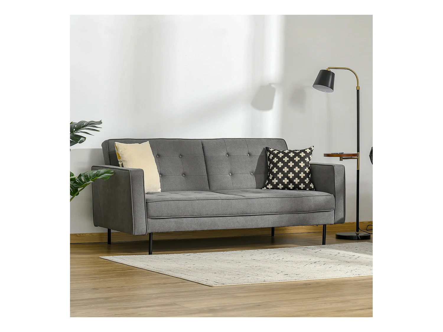 Divano letto 3 posti grigio in tessuto e legno, schienale reclinabile in 3 posizioni, stile vintage, trasformabile in letto, gambe in metallo massiccio