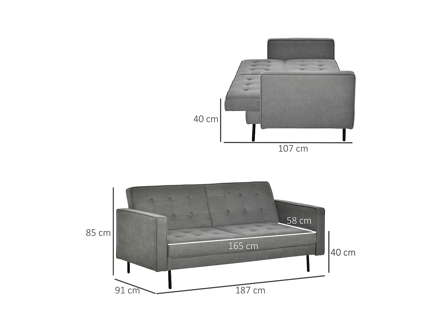 Divano letto 3 posti grigio in tessuto e legno, schienale reclinabile in 3 posizioni, stile vintage, trasformabile in letto, gambe in metallo massiccio