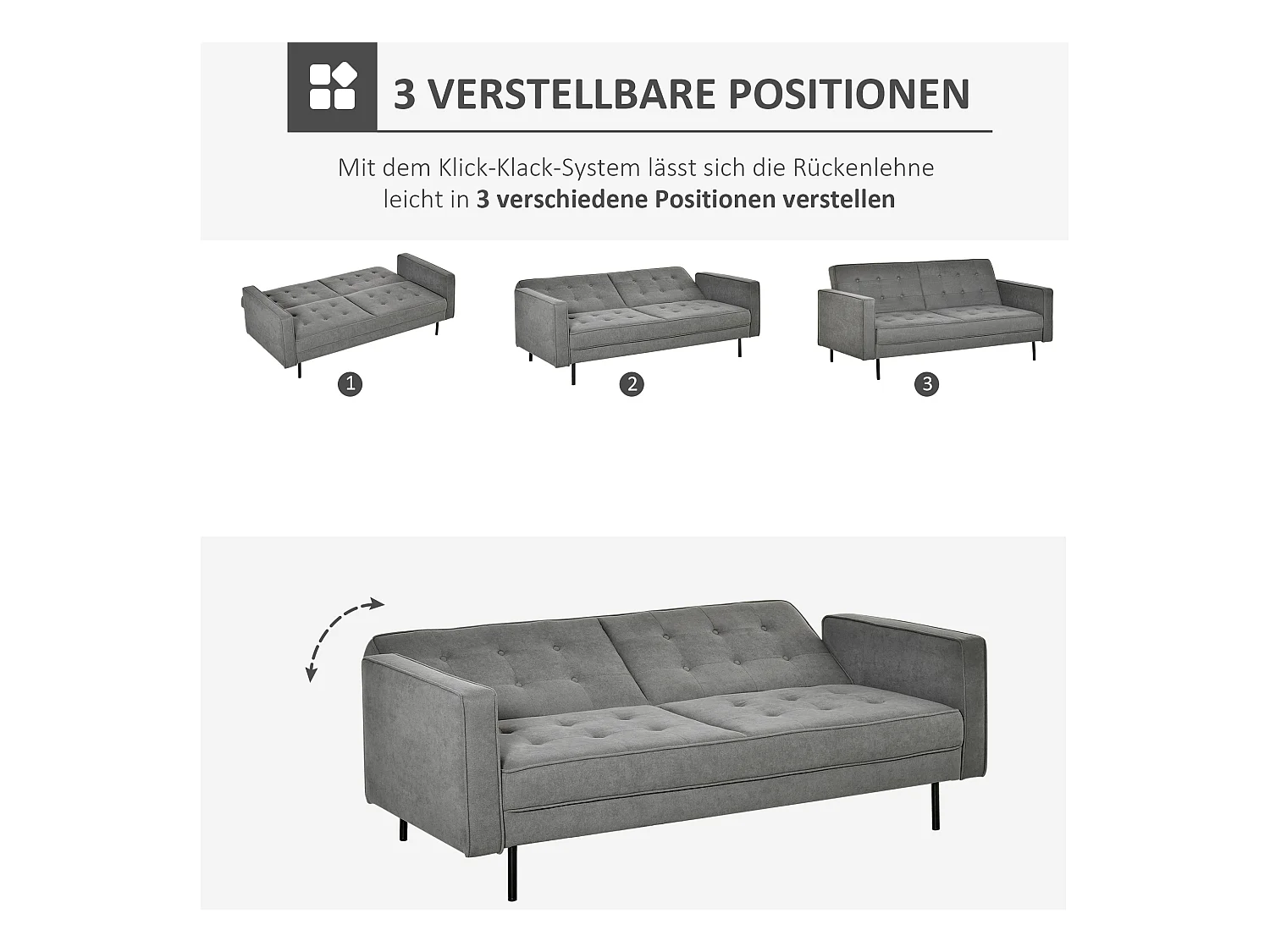 Divano letto 3 posti grigio in tessuto e legno, schienale reclinabile in 3 posizioni, stile vintage, trasformabile in letto, gambe in metallo massiccio