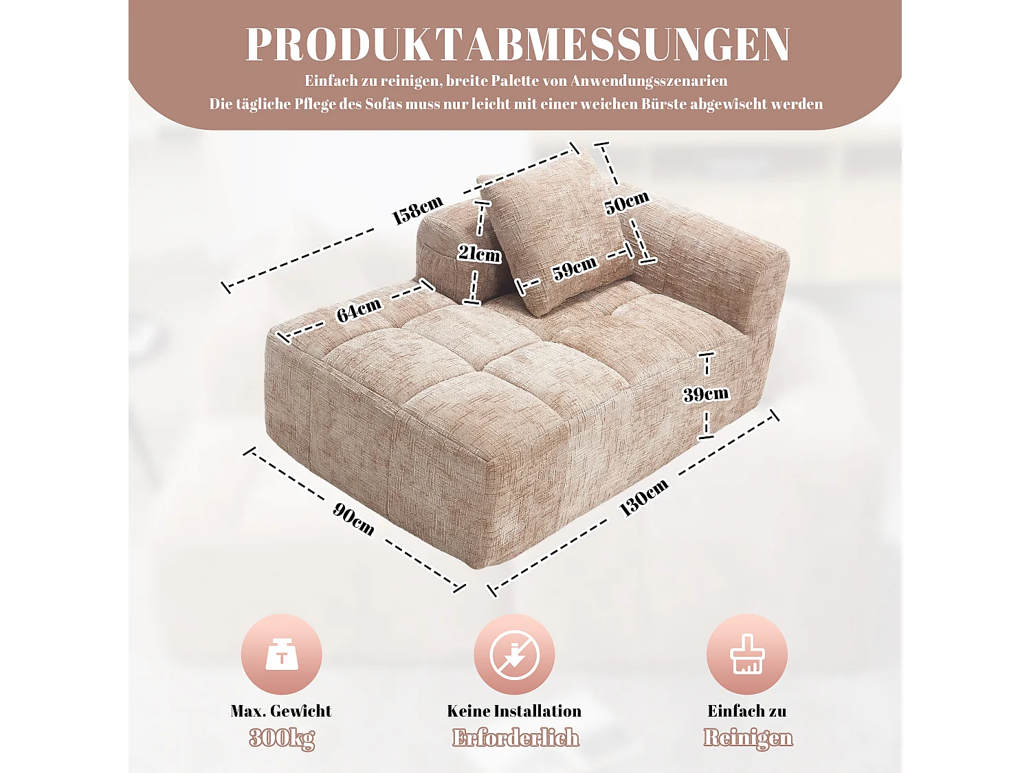 Divano chaise longue a 2 posti color cachi, non necessita di montaggio, con cuscino e tasche laterali, ultra comodo ed elegante per il tuo soggiorno