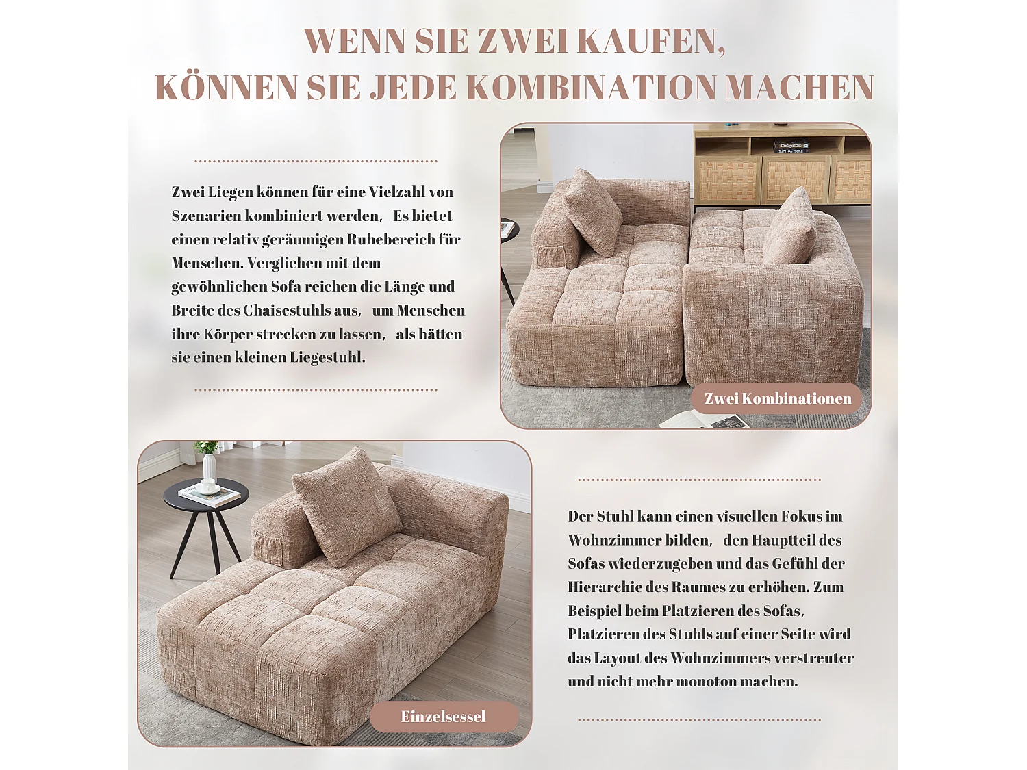 Divano chaise longue a 2 posti color cachi, non necessita di montaggio, con cuscino e tasche laterali, ultra comodo ed elegante per il tuo soggiorno