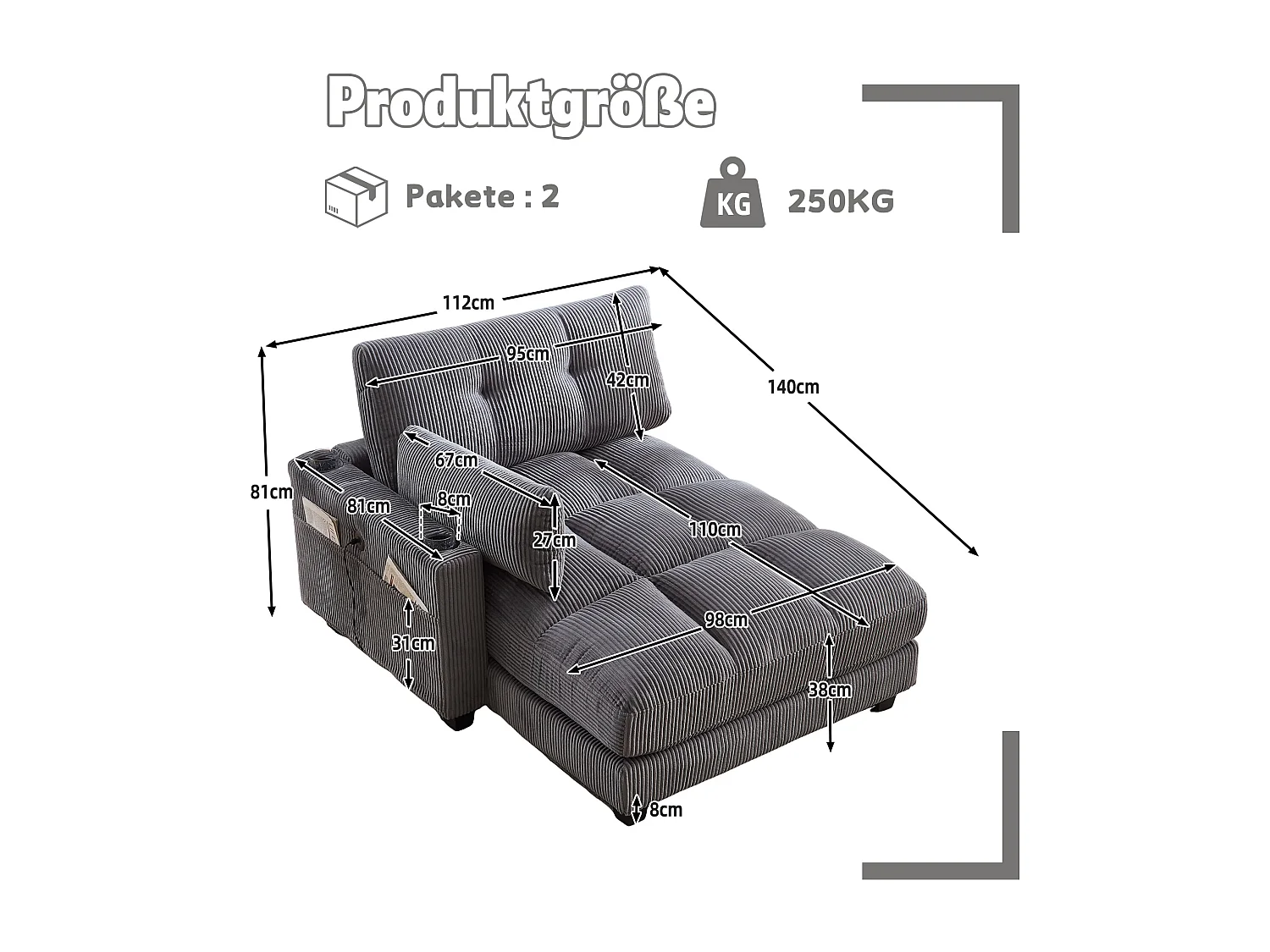 Poltrona relax in velluto grigio con portabicchieri, tasche laterali, braccioli removibili, USB, cuscino poggiatesta