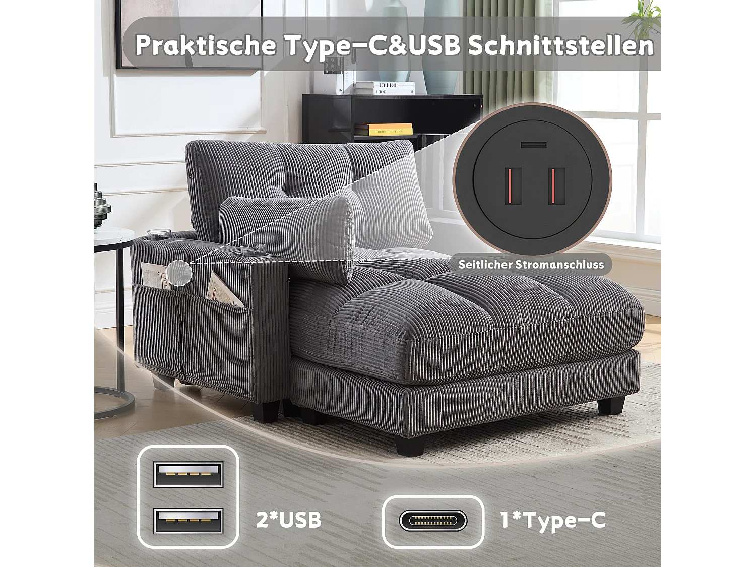 Poltrona relax in velluto grigio con portabicchieri, tasche laterali, braccioli removibili, USB, cuscino poggiatesta