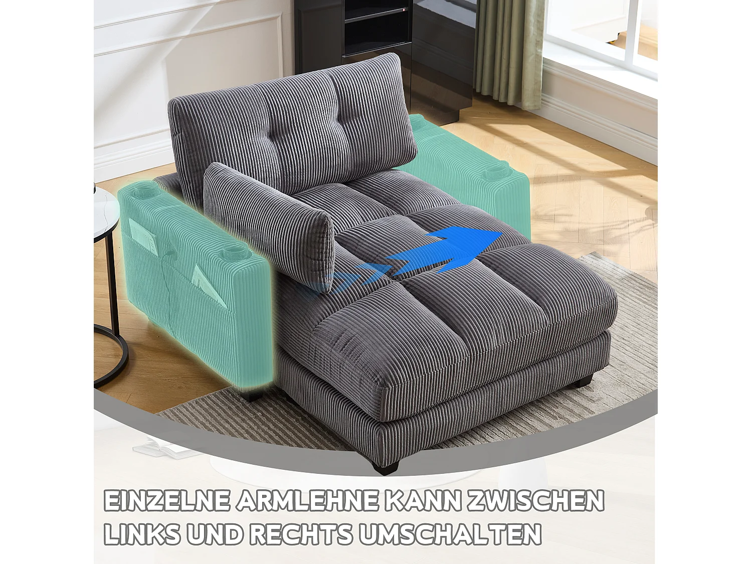 Poltrona relax in velluto grigio con portabicchieri, tasche laterali, braccioli removibili, USB, cuscino poggiatesta