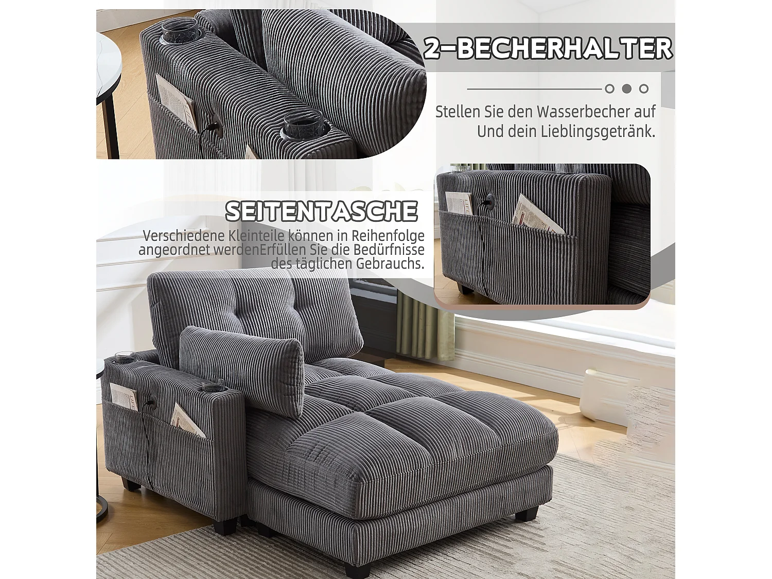 Poltrona relax in velluto grigio con portabicchieri, tasche laterali, braccioli removibili, USB, cuscino poggiatesta