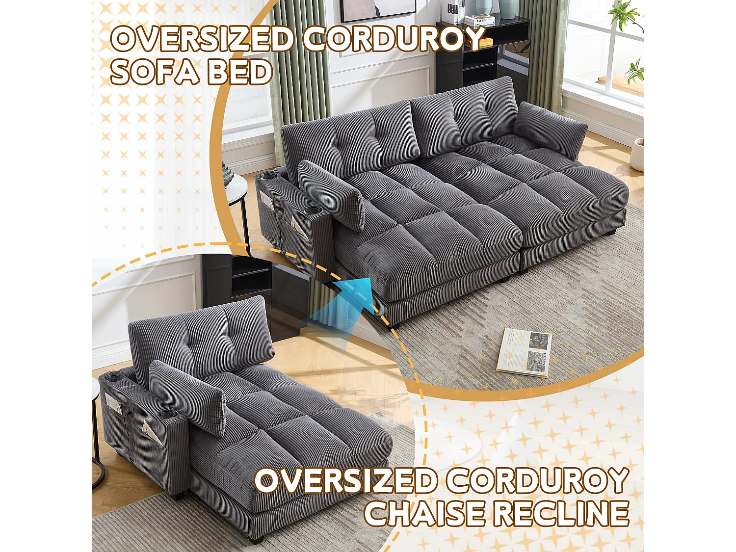 Poltrona relax in velluto grigio con portabicchieri, tasche laterali, braccioli removibili, USB, cuscino poggiatesta