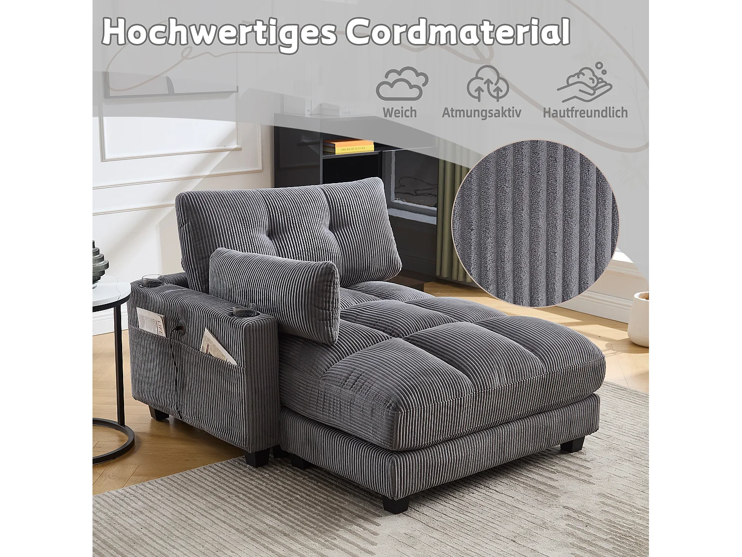 Poltrona relax in velluto grigio con portabicchieri, tasche laterali, braccioli removibili, USB, cuscino poggiatesta