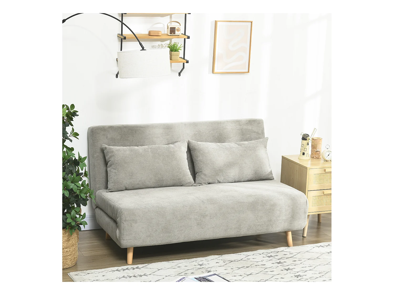 Divano letto con funzione letto, schienale regolabile, cuscini, rivestimento effetto velluto, 141 x 90 x 81 cm, Grigio, con gambe in legno