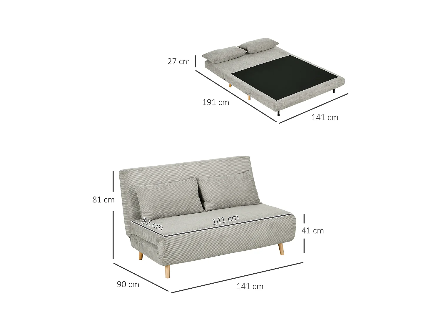 Divano letto con funzione letto, schienale regolabile, cuscini, rivestimento effetto velluto, 141 x 90 x 81 cm, Grigio, con gambe in legno